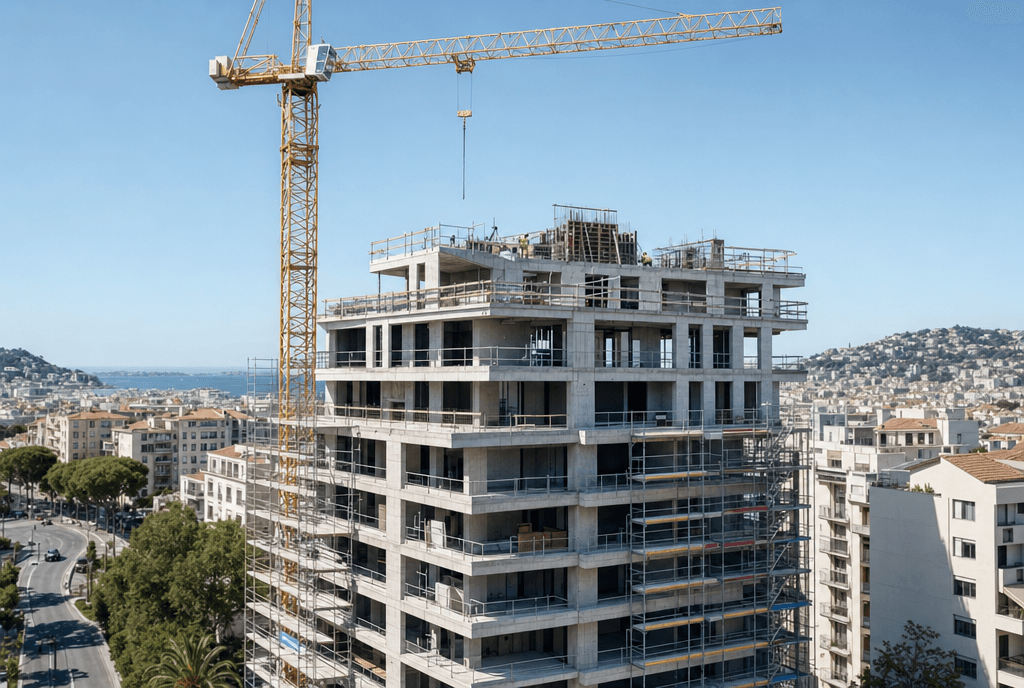 בניין מגורים חדש בשלבי בנייה עם מנוף