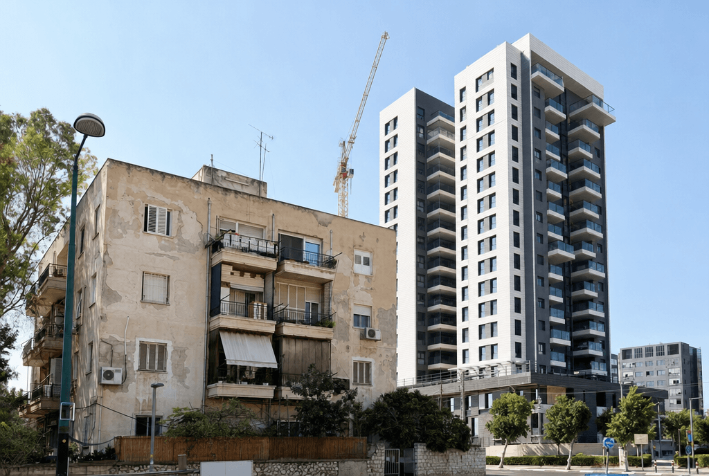בניין מגורים ישן לצד מגדל חדש בפרויקט פינוי בינוי